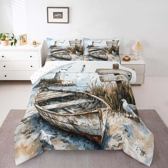 Erosebridal Ocean Beach Bedding King Comforter Set For Teens,Marine Lighthouse Boat Bedding Sets King with Comforter,Sea Room Decorative,Reversible,Super Cozy,3 Pieces
