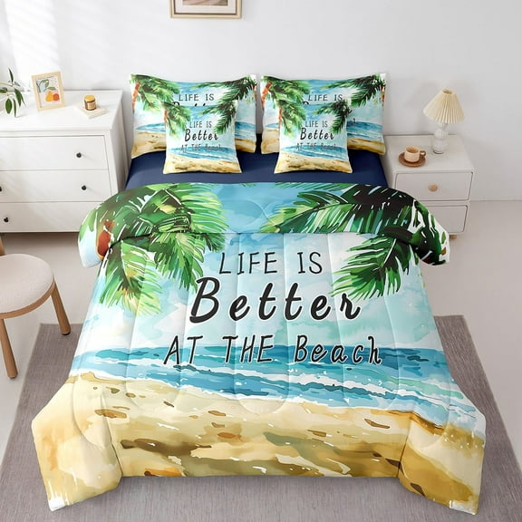 Erosebridal Ocean Beach Bedding Sets King Size,Tropical Leaves Bed in a Bag King size,Sea Decor,Reversible,Ultra Soft,7 Pieces