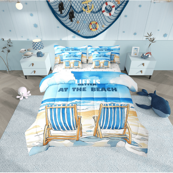 Erosebridal Ocean Beach Bedding Sets Twin Size,Blue Wheat Comforter Sets with Sheets,Sea Marine Bed in a Bag Twin size,Microfiber Summer Holiday Bedroom Decorative,Reversible,7-Piece