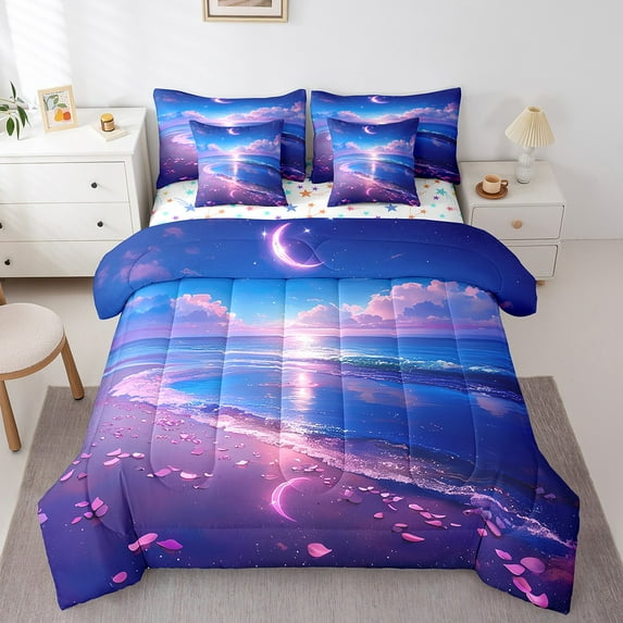 Erosebridal Ocean Beach Bedding Sets Twin Size,Moon Flower Comforter Sets with Sheets,Sea Bedroom Decor,Reversible,7pcs