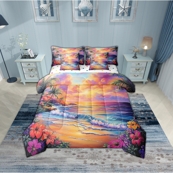 Erosebridal Ocean Beach Bedding Sets Twin Size,Pink Flower Comforter Sets with Sheets,Summer Holiday Decor,Reversible,Breathable,7pcs