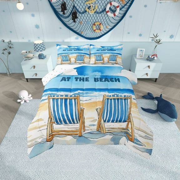 Erosebridal Ocean Beach Bedding Twin Comforter Set,Blue Wheat Down Comforter,Sea Marine Bedding Sets Twin With Comforter,Microfiber Summer Holiday Bedroom Decorative,Reversible,2-Piece