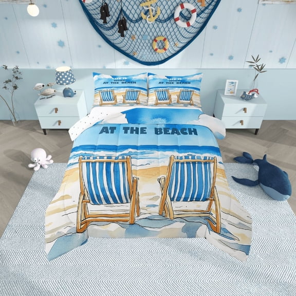 Erosebridal Ocean Beach Bedding Twin Comforter Set,Blue Wheat Down Comforter,Sea Marine Bedding Sets Twin With Comforter,Microfiber Summer Holiday Bedroom Decorative,Reversible,2-Piece