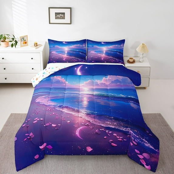 Erosebridal Ocean Beach Bedding Twin Comforter Set,Moon Flower Down Comforter,Sea Bedroom Decor,Reversible,Lightweight,2-Piece