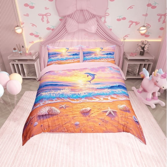 Erosebridal Ocean Beach Comforter Cover Twin,Dolphin Starfish Bedding Twin Size,Sea Animal Duvet Cover Twin,Breathable Sunset Room Decor,Reversible,3pcs(No Comforter)