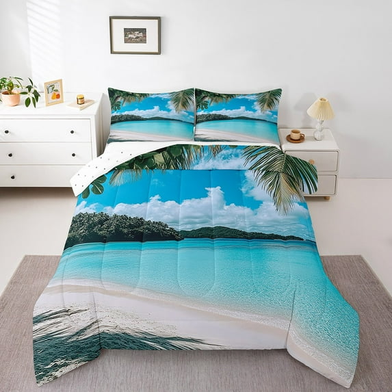 Erosebridal Ocean Beach Comforter Sets Queen Size For Teens,Tropical Leaves Bedding Queen Comforter Set,Sea Room Decorative,Reversible,Ultra Soft,3-Piece
