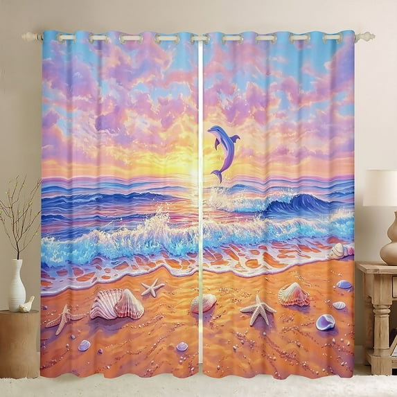 Erosebridal Ocean Beach Curtains for Living Room (38Wx45L),Dolphin Starfish 30%-50% Blackout Curtains Set of 2 (38x45),Sea Animal Curtains and Drapes,Sunset Room Decor