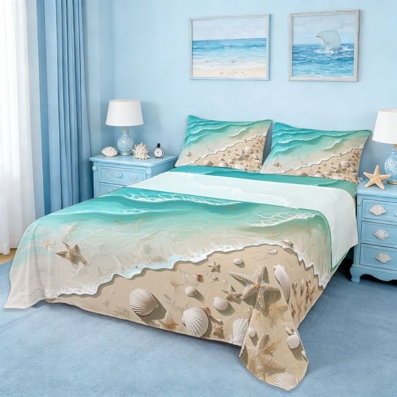 Erosebridal Ocean Beach Full Size Sheets,Nautical Coastal Starfish Bed Sheets For Kids Girls 4 Pieces
