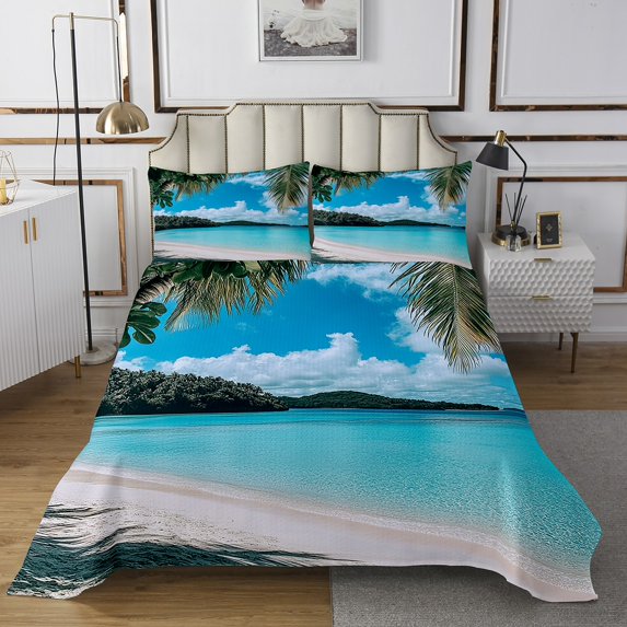 Erosebridal Ocean Beach Quilt Sets for Queen Size Bed For Teens,Tropical Leaves Bed Set,Sea Room Decorative,Lightweight,3pcs