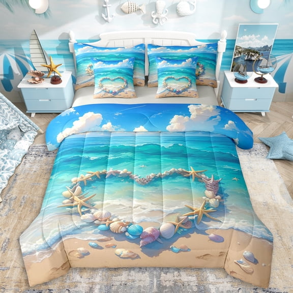 Erosebridal Ocean Beach Starfish Shell Bedding Comforter Set 7 Pieces For Teens,Love Heart Full Bedding Set,Grey Reversible,Ultra Soft Home Decor