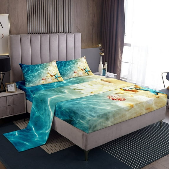 Erosebridal Ocean Bed Sheets Set Twin Beach Fitted Sheets Coastal Nature Theme Pattern Teal Flat Sheet Hawaiian Top Sheet Sea Wave Animals Starfish Sheet Set 1 Pillow Case,Blue Room Decor