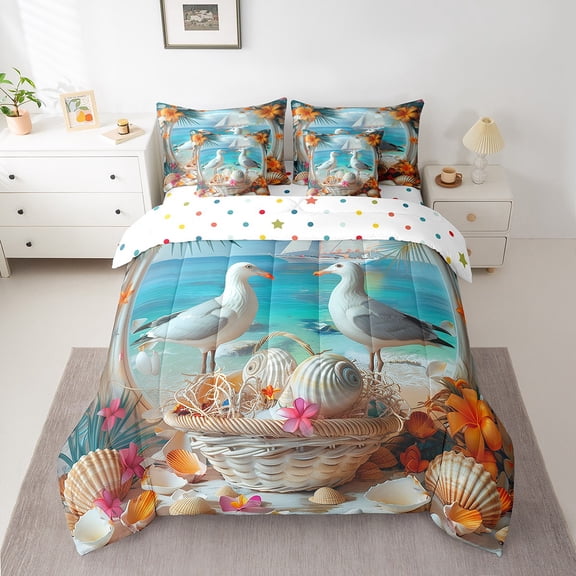 Erosebridal Ocean Bird Bed in a Bag Queen size, Seashell Starfish Bed Set, Coastal Beach Decor, Reversible