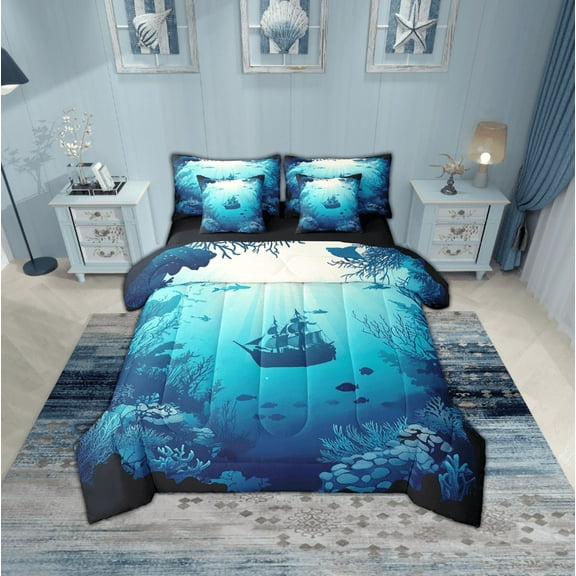 Erosebridal Ocean Boat Bedding Sets Twin Size,Nautical Theme Comforter Sets with Sheets,Underwater World Decor,Reversible,Breathable,7pcs