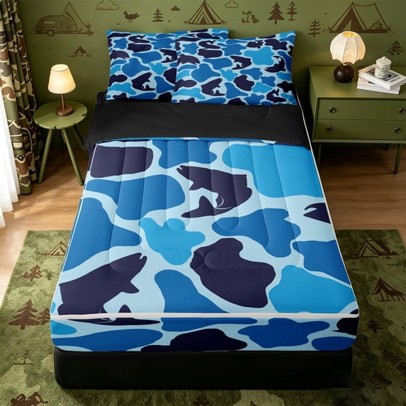 Erosebridal Ocean Camo Print Zipper Queen Comforter Set with Fitted Sheet and 2 Pillowcases,Light Blue Bass Silhouette Zipper Bedding Set For Boys,Black Reversible,4 Pieces