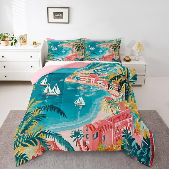 Erosebridal Ocean Coastal Bedding Sets Full with Comforter,Palm Trees Duvet Insert,Sea Sailboat Comforter Sets Full Size,Ultra Soft Botanical Room Decoration,Reversible,3pcs