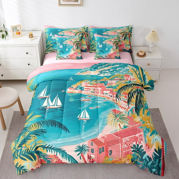 Erosebridal Ocean Coastal Bedding Sets Twin Size,Palm Trees Comforter Sets with Sheets,Sea Sailboat Bed in a Bag Twin size,Ultra Soft Botanical Room Decoration,Reversible,7pcs
