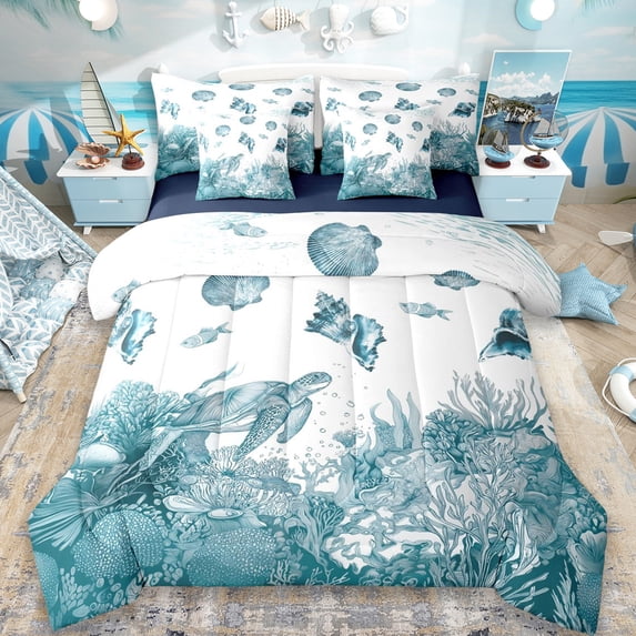 Erosebridal Ocean Conch Animals 7 Pieces Bedding Comforter Set,Watercolor Sealife Turtle Coral Full Bedding Set For Teens,Reversible