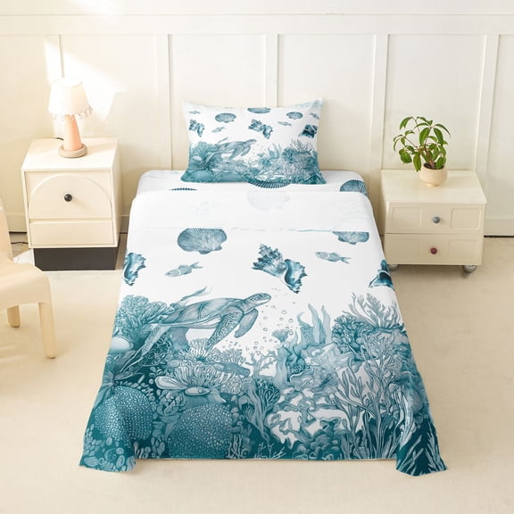 Erosebridal Ocean Conch Animals Twin Sheet Sets,Watercolor Sealife Turtle Coral Bedding For Teens 3-Piece