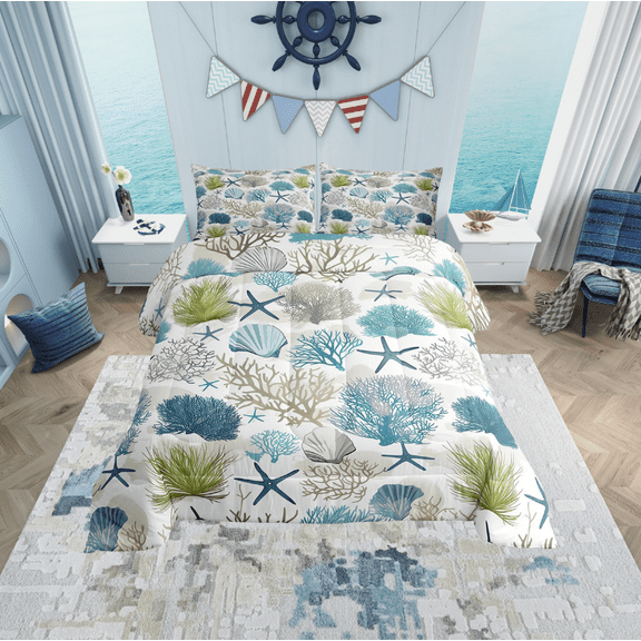 Erosebridal Ocean Coral Bedding Twin Comforter Set, Cute Starfish Down Comforter, Marine Plant Reversible Comforters & Duvets, Microfiber Bedroom Decor, 2 Pieces