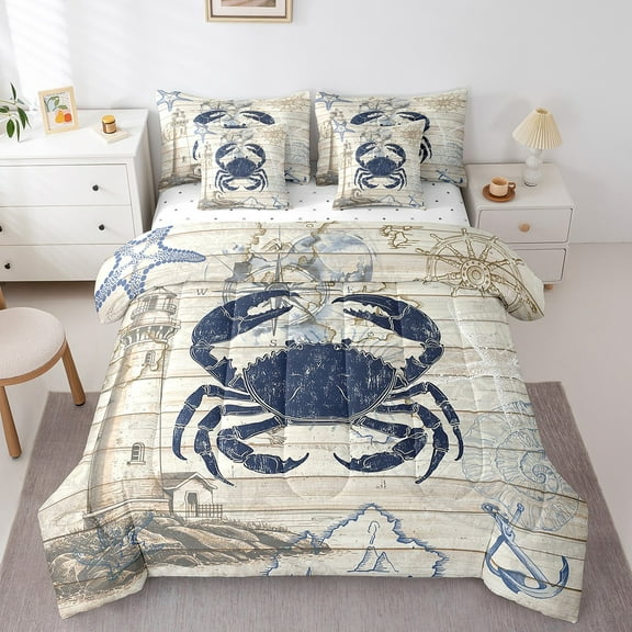 Erosebridal Ocean Crab Bedding Queen Size, Retro Lighthouse Bedding Sets Queen Size, Nautical Compass Decor, Reversible 7pcs