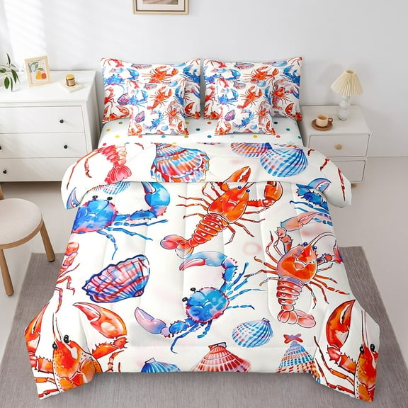 Erosebridal Ocean Crab Bedding Twin Size, Lobster Seashell Bed in a Bag Twin size, Cute Sealife Decor, Reversible 7pcs