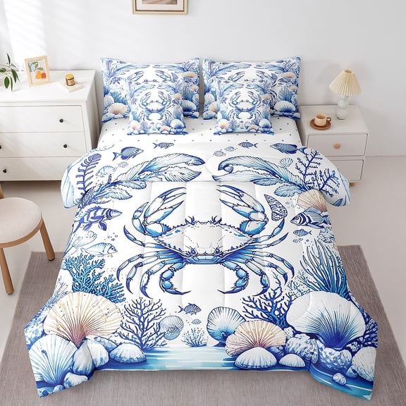 Erosebridal Ocean Crabs Bedding Full Size,Sketch Coral Bed Set,Navy Blue White Bedding Sets Full Size For Boys,Super Cozy Room Decoration Reversible,7pcs