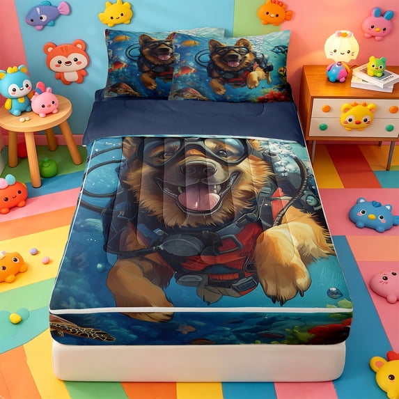 Erosebridal Ocean Diving Dogs Zipper Queen Comforter Set with Fitted Sheet and 2 Pillowcases,Cute Pet Animals Zipper Bedding Set For Boys,Navy Blue Reversible,4pcs