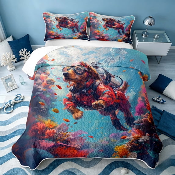 Erosebridal Ocean Dog Bed Spread Queen, Sea Pet Queen Coverlet Set, Polka Dots Reversible 3pcs, 1 Quilt and 2 Pillowcases