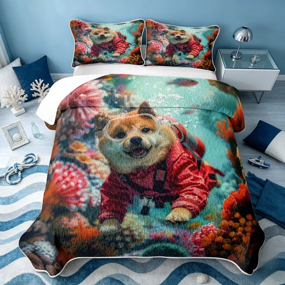 Erosebridal Ocean Dog Quilt Full, Sea Pet Full Bedspread Sets, Polka Dots Reversible 3pcs, 1 Coverlet and 2 Pillowcases