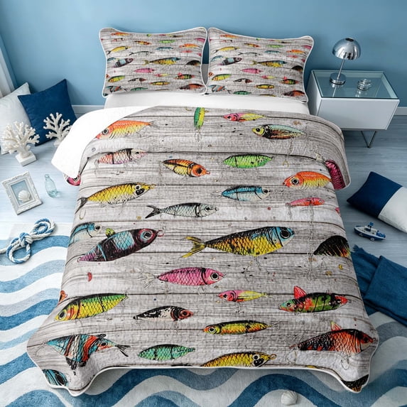 Erosebridal Ocean Fish Bed Spread Queen, Cartoon Animal Queen Coverlet Set, Reversible 3-Piece, 1 Quilt and 2 Pillowcases