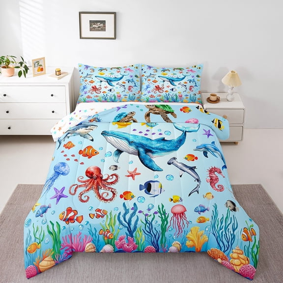 Erosebridal Ocean Fish Bedding Full Comforter Set, Whale Octopus Jellyfish Down Comforter, Colorful Underwater World Decor, Reversible 3pcs