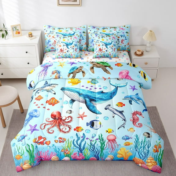 Erosebridal Ocean Fish Bedding Sets Full Size, Whale Octopus Jellyfish Comforter Sets with Sheets, Colorful Underwater World Decor, Reversible 7pcs