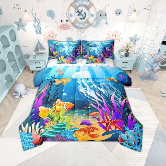 Erosebridal Ocean Jellyfish Bed in a Bag Full size,Underwater World Bed Set,Sea Animal Bedding Full Size,Microfiber Marine Room Decoration,Reversible,7pcs