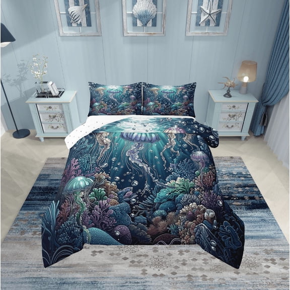 Erosebridal Ocean Jellyfish Bedding Sets Full with Comforter,Sea Animal Duvet Insert,Underwater World Room Decorative,Reversible,Ultra Soft,3pcs