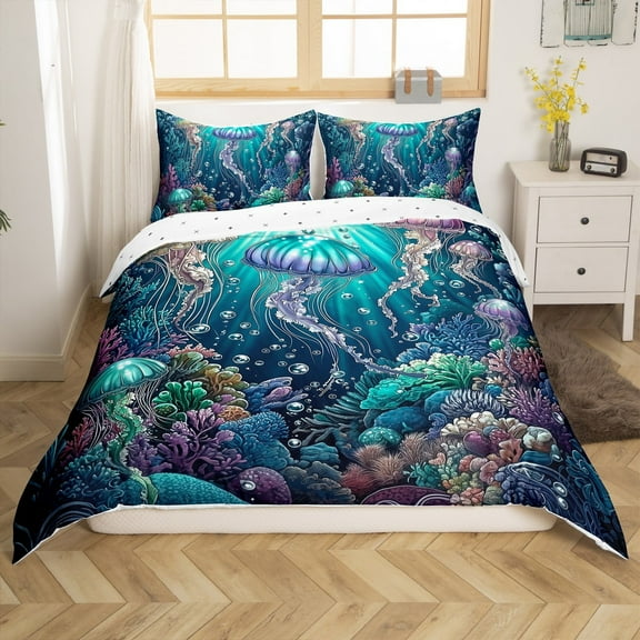 Erosebridal Ocean Jellyfish Comforter Cover Twin,Sea Animal Bedding Twin Size,Underwater World Room Decorative,Reversible,2-Piece(No Comforter)
