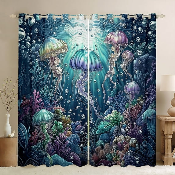 Erosebridal Ocean Jellyfish Curtains for Living Room,Sea Animal 30%-50% Blackout Curtains Set of 2 (38x45),Underwater World Room Decorative