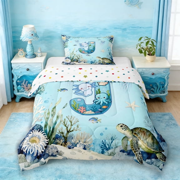 Erosebridal Ocean Jellyfish Turtle Print Twin Comforter Sets,First Letter J Blue Cute Axolotl Bedding Set For Kids,Reversible 2pcs