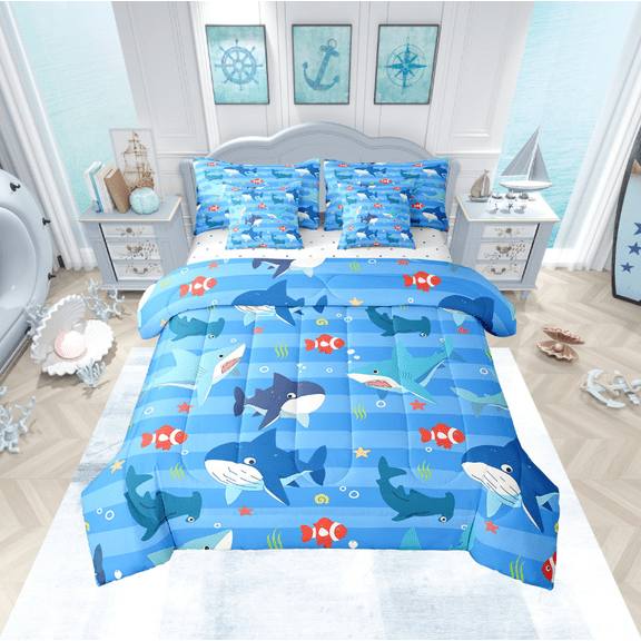 Erosebridal Ocean Life Comforter Set 7 Piece,Cartoon Shark Whale Bedding Set Twin,Colorful Underwater World Bed in a Bag,Abstract Geometric Sea Wave Sheets,Starfish Sea Animals Fitted Sheet,Blue