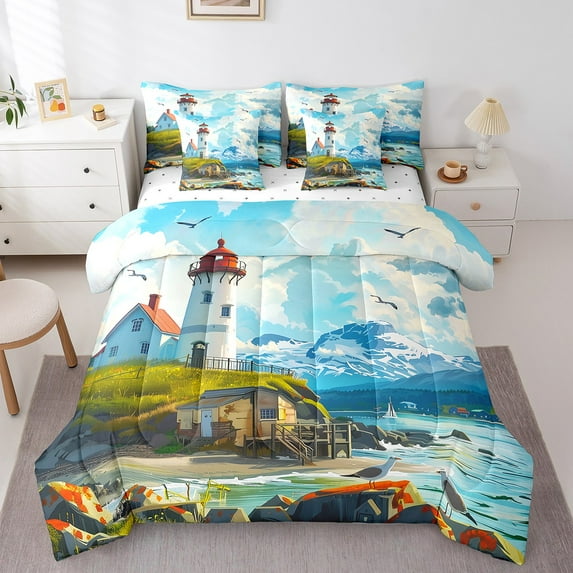 Erosebridal Ocean Lighthouse Bed in a Bag King size, Lake House Bedding King Size, Coastal Marine Bed Set, Microfiber Room Decoration, 7-Piece