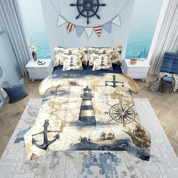 Erosebridal Ocean Lighthouse Bedding Queen Size, Vintage Sailboat Bedding Sets Queen Size, Nautical Sailing Reversible Bed Set, Lightweight Bedroom Decor, 7pcs