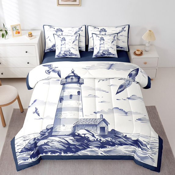 Erosebridal Ocean Lighthouse Bedding Sets Twin Size For Teens,Nautical Theme Comforter Sets With Sheets,Sea Room Decorative,Reversible,Breathable,7Pcs