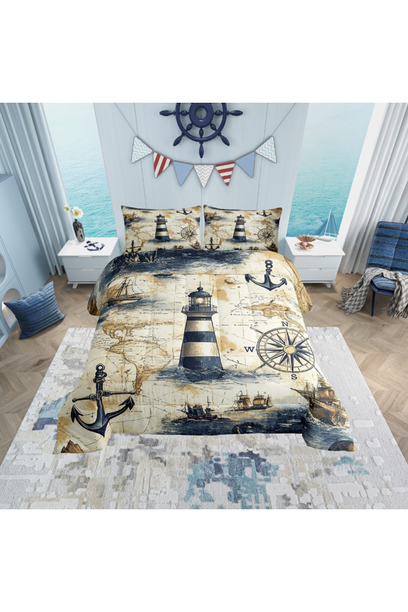 Ocean Lighthouse Bedding Twin Comforter Set, Vintage Sailboat Down Comforter, Nautical Sailing Reversible Comforters & Duvets, Lightweight Bedroom Decor, 2pcs