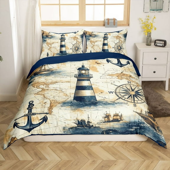 Erosebridal Ocean Lighthouse Comforter Cover Twin, Vintage Sailboat Bedding Sets Twin Size, Nautical Sailing Reversible Duvet Cover Twin, Lightweight Bedroom Decor, 2pcs（No Comforter）