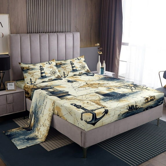 Erosebridal Ocean Lighthouse Sheet Set Twin, Vintage Sailboat Twin Sheet Sets, Nautical Sailing Bedding Twin Size, Lightweight Bedroom Decor, 3pcs