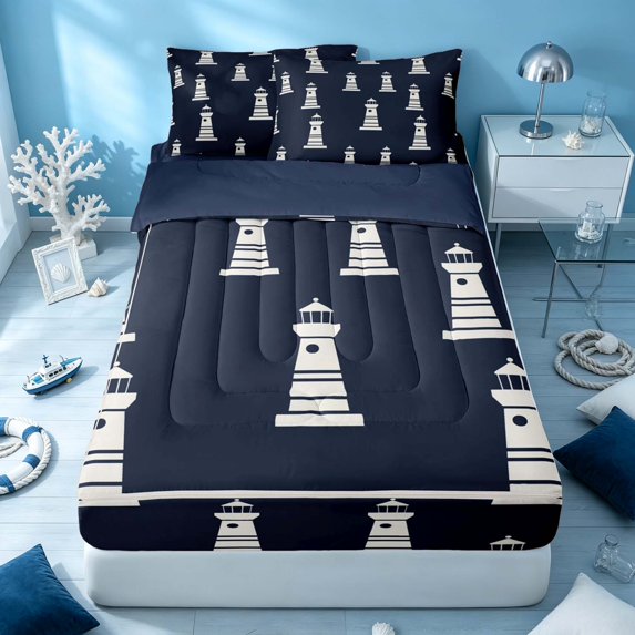 Erosebridal Ocean Lighthouse Zipper Queen Comforter Set with Fitted Sheet and 2 Pillowcases, Marine Nautical Zipper Bedding Set, Navy Reversible