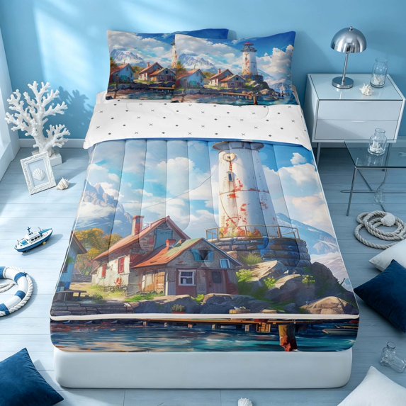 Erosebridal Ocean Lighthouse Zipper Twin Comforter Sets with Fitted Sheet and 2 Pillowcases, Sea Zipper Bedding Set, Reversible