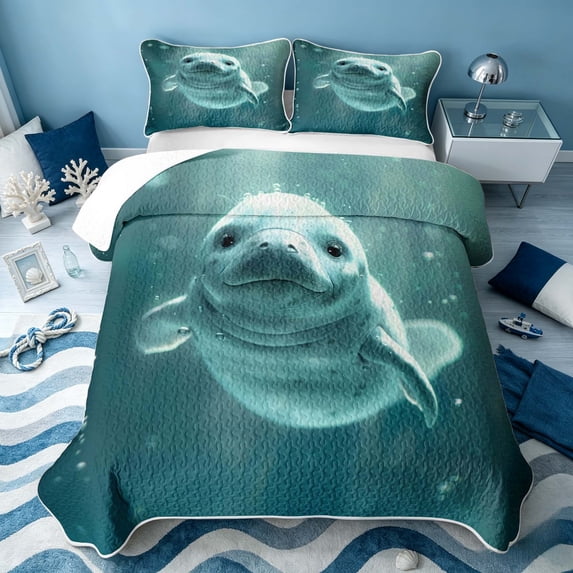 Erosebridal Ocean Manatee Twin Quilt Set, Sea Animal Twin Coverlet Set, Reversible 2 Pieces, 1 Bedspread and 1 Pillowcase