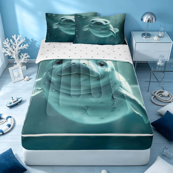 Erosebridal Ocean Manatee Zipper Twin Comforter Sets with Fitted Sheet and 2 Pillowcases, Sea Animal Zipper Bedding Set, Reversible