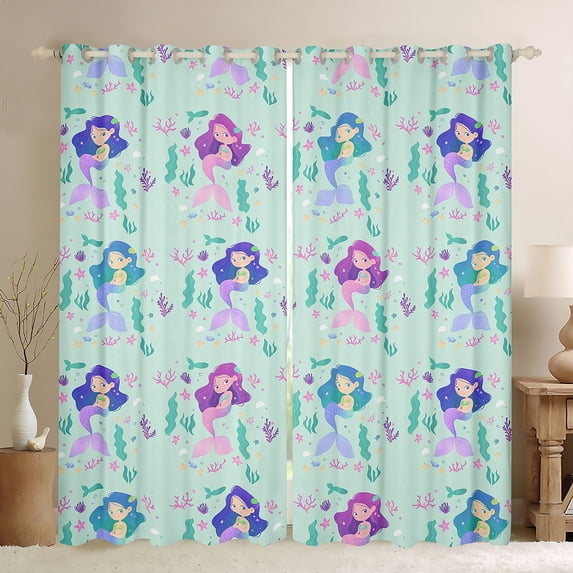 Erosebridal Ocean Mermaid Girls Blackout Curtains Set of 2 (52x84 Each), Cute Princess Window Curtains