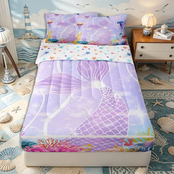 Erosebridal Ocean Mermaid Tail Zipper Twin Comforter Sets with Fitted Sheet and 2 Pillowcases,Sea Jellyfish Zipper Bedding Set,Purple Blue Pink,Reversible